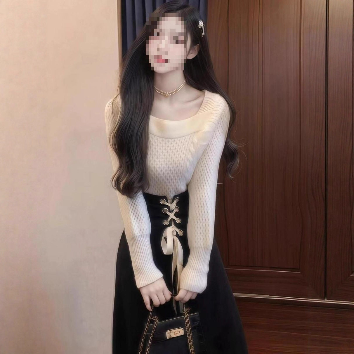 French Fashion Small Fragrance Spring and Winter New Style Knitted Long-Sleeved Sweater Waist Pleated Skirt Two-Piece Set Trendy