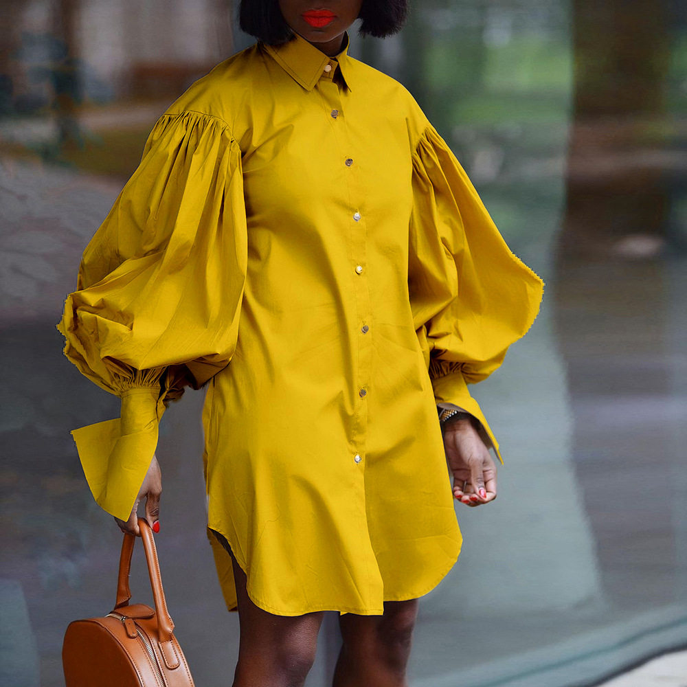 Plus Size Womens Casual Long Sleeve Shirt Dress Loose Fit Solid Color Puff Sleeves Everyday Wear Wholesale