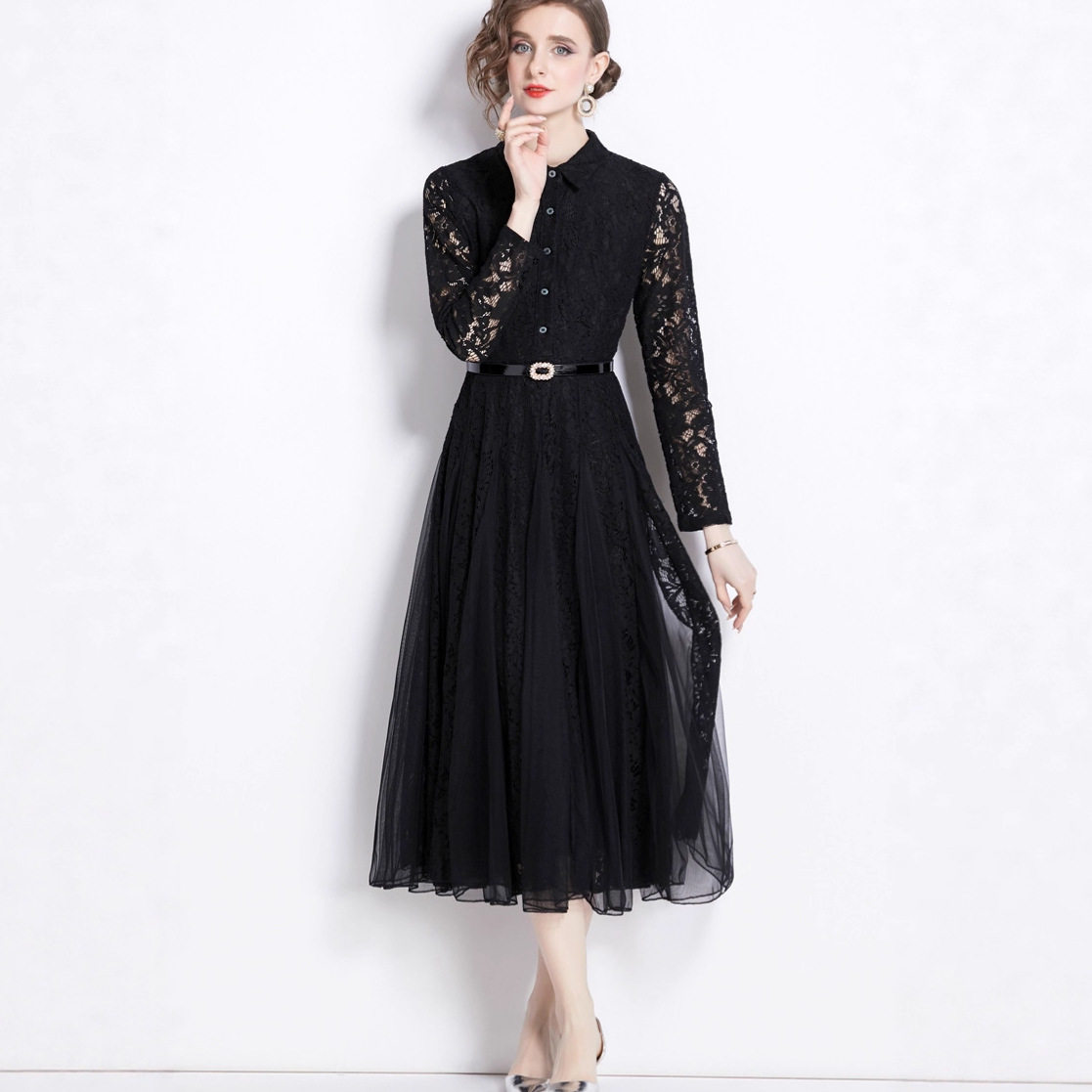 Lace A Line Dress Floral Embroidery Hollow Out Elegant Style Spring Summer Occasion Wholesale Available