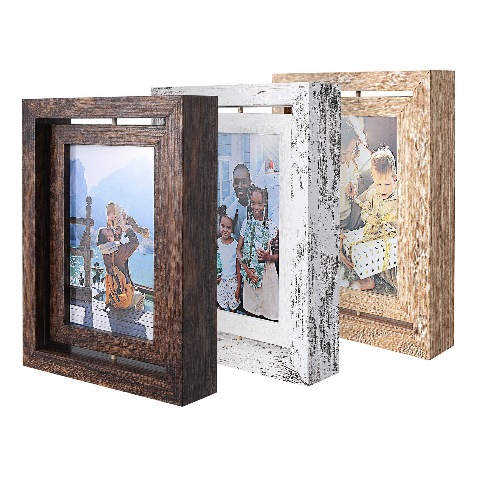 Cross Border Brown Creative Double-Sided Rotating Photo Frame 6 Inch Wooden Frame Set Table for Mother's Day Christmas Gift