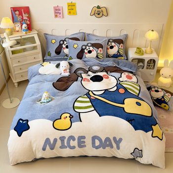 Class a Milk Velvet Large Version Cartoon Four-Piece Winter Thickeneded Coral Velvet Quilt Cover Bed Sheets Student Warm Three-Piece Set
