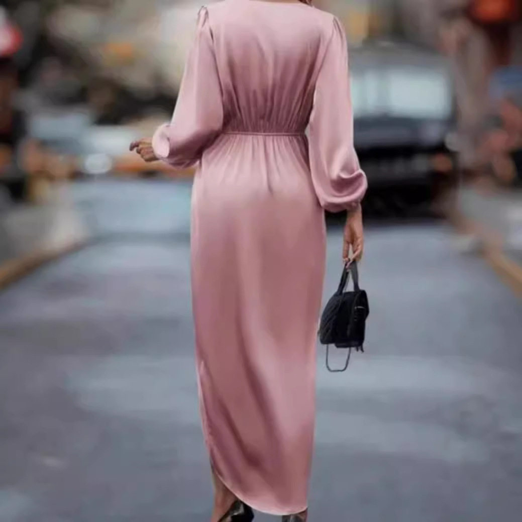 Spring Womens Dress Solid Color V Neck Long Sleeve Waist Defined Asymmetrical Hem Casual Wear OEM Available