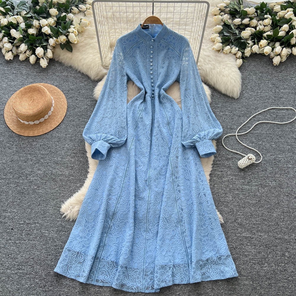 French Court Style Dress Elegant Lace Slim Fit Single Breasted Long Sleeve Autumn Fashion for Women Wholesale