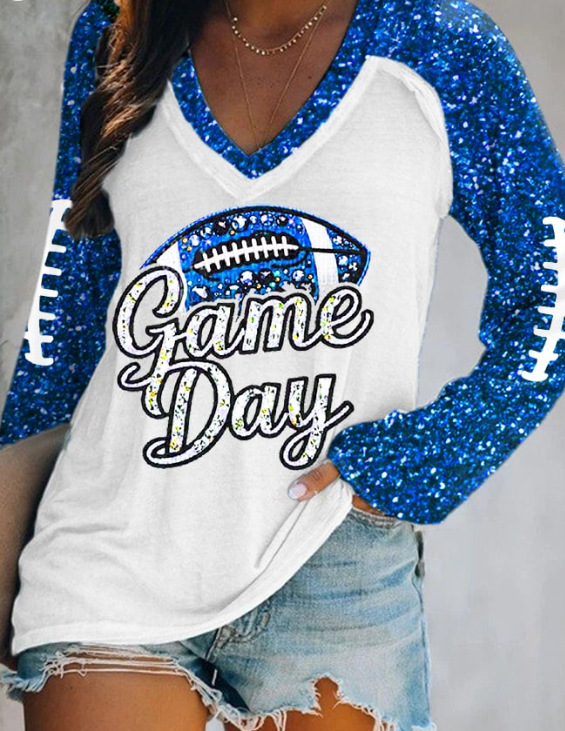 外贸跨境夏季女装简约休闲v领长袖T恤印花T恤女 独立站厂家货源