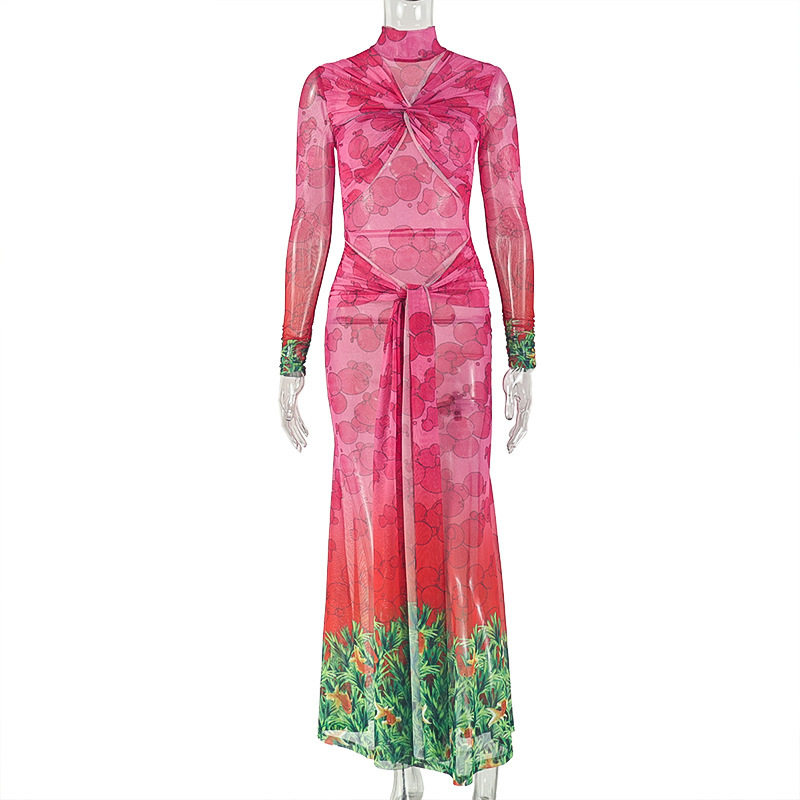 Vintage Floral Color Block Bodycon Dress for Women High Neck Tie Waist Slim Fit Chic Party or Evening Wear