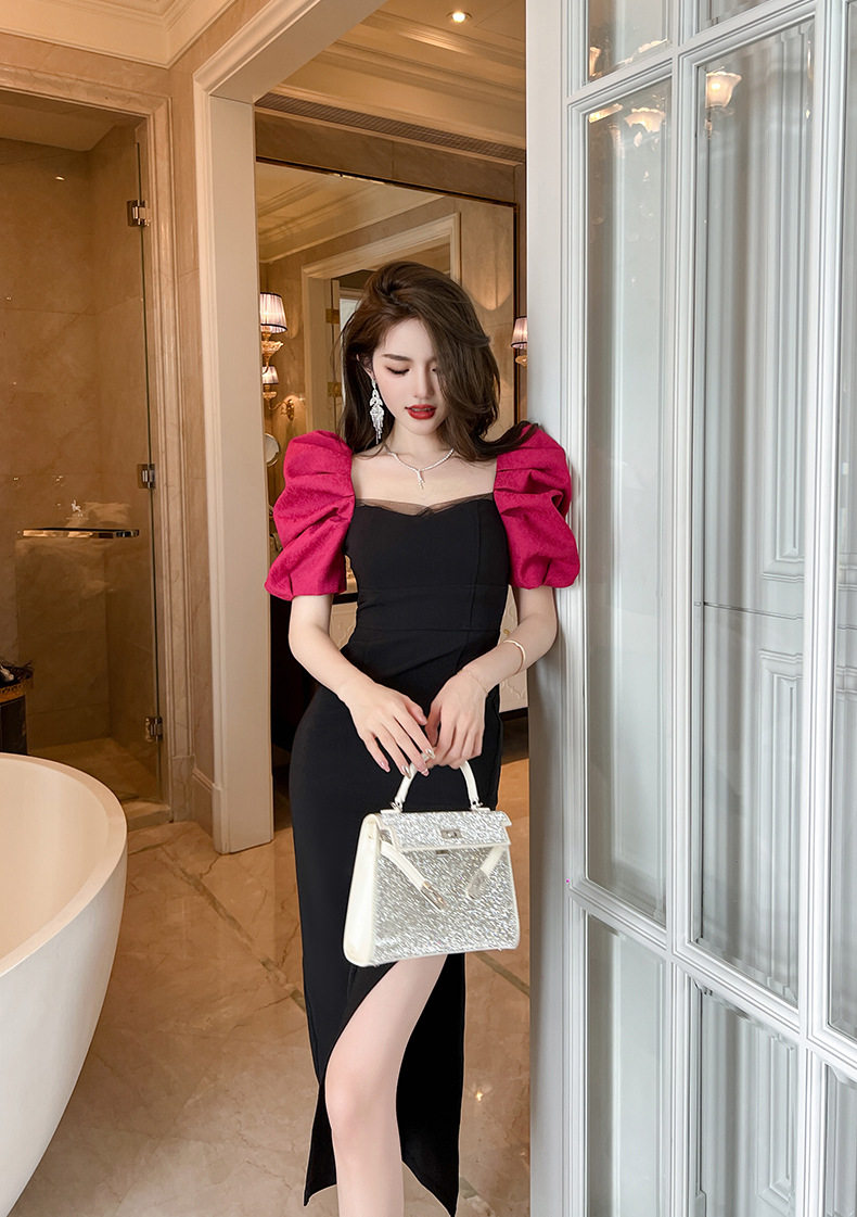 Đầm ôm body nữ phong cách Pháp cổ vuông tay bồng — [Đen] chi tiết 13