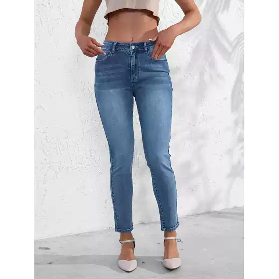 Cross-Border Women's Jeans, Fashionable and Versatile, Stretchy Skinny Pants, Simple Slim-Fit, Slimming Blue Denim Trousers