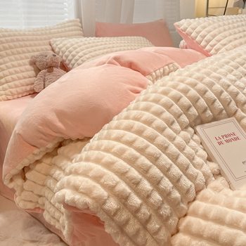 2025 Rabbit Velvet Thickeneded Warm Four-Piece Set Milk Velvet Bed Bed Sheets Quilt Cover Pure Color Fleece-Lined Dormitory Three-Piece Set Wholesale