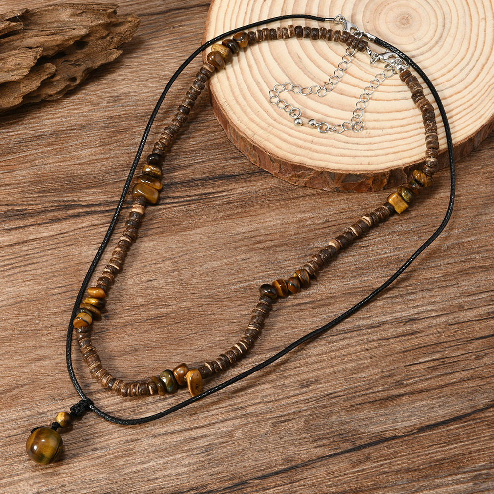 European and American Fashion Coconut Shell Turquoise Leather Wax Necklace suit Men's Hip-Hop Niche Overlapped Woolen Chain Cross-Border Jewelry for Men