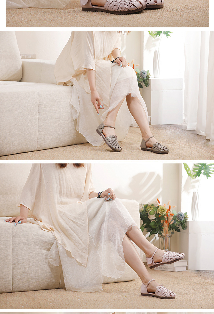 Sandal nữ quai ngang da bò thật đế mềm thủ công êm chân — Màu hồng sen, màu xám