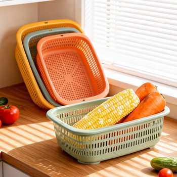 Thickened and Enlarged Rectangular Plastic Basket Kitchen Vegetable and Fruit Drain Basket Barbecue Fried Skewers Storage Basket Seafood Water Filter