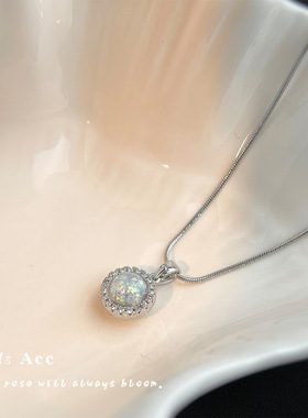 流光溢彩~轻奢风合成欧泊圆形项链ins风新中式锁骨链时尚锆石颈链