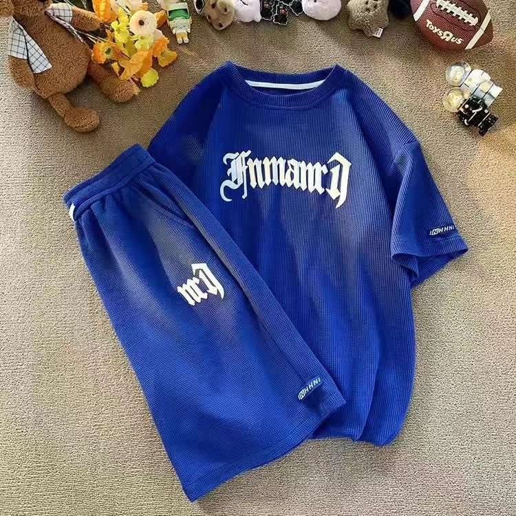 跨境华夫格休闲套装男夏季冰丝短袖t恤男装一套搭配运动衣服批发