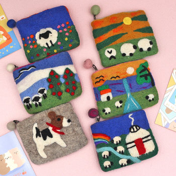 Nepalese Handmade Wool Bag Cartoon Grassland Sheep Sunset Lamb Coin Purse Mobile Phone Bag Card Bag Cosmetics Bag