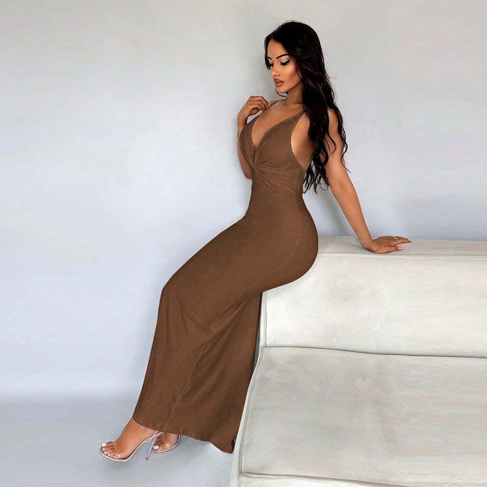 Summer Womens Bodycon Maxi Dress Solid Color Knitted Backless High Waist Slim Fit Casual or Party Wear