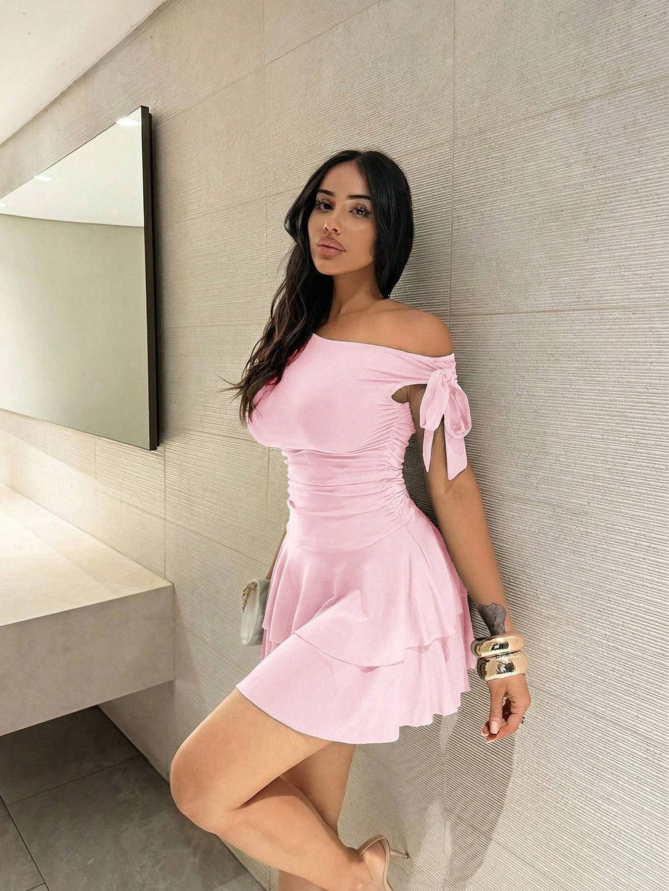 Pink Ruffled Asymmetrical Dress Unique Design Slim Fit Elegant Style Perfect for Parties or Special Occasions