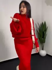 2025 European and American Autumn and Winter Amazon Hot Selling Elegant Casual Fashion Pure Color Sweater Dress