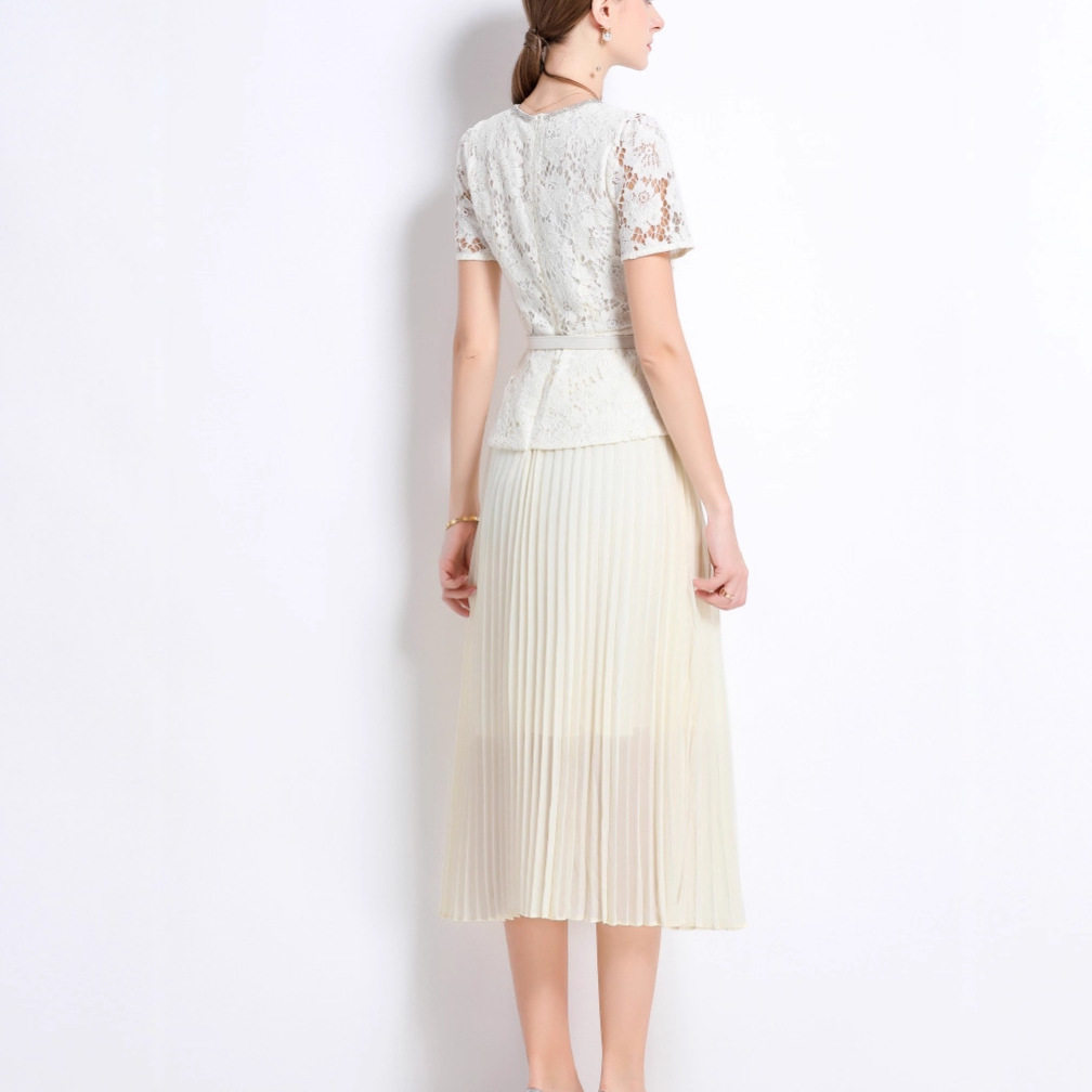 French Style Elegant Short Sleeve Lace Dress Slim Fit Round Neck Beaded Design Pleated Mid Length Perfect for