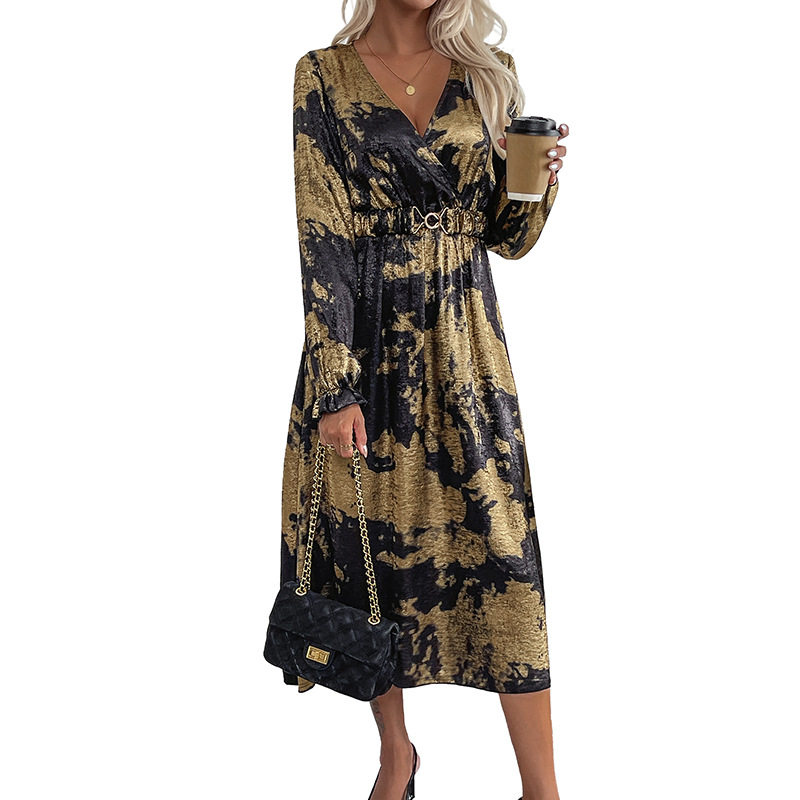 Vintage Party Dress V Neck Long Sleeve Gold Foil Detail Elegant Style for Special Occasions Wholesale Available