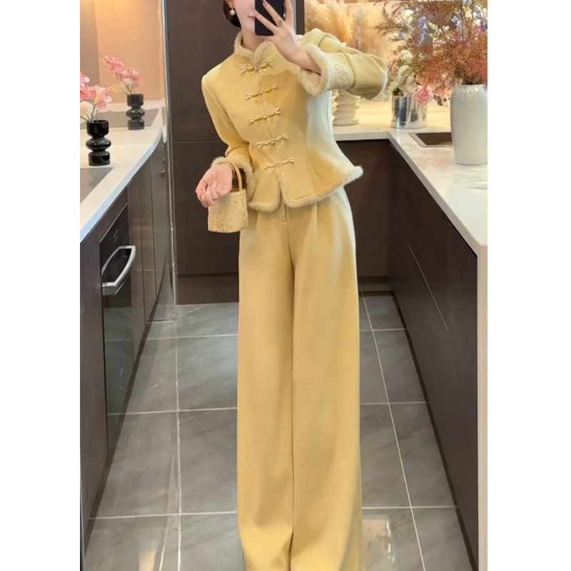 Jade Bone 2025 Autumn/Winter New Elegant Waist-Cinching Embroidered Button Two-Piece Set for Women, New Chinese Retro Suit with Pants Trend