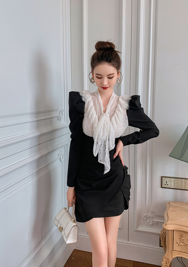 Đầm bodycon nữ dài tay cổ chữ V phối ren nơ thắt eo — Màu đen