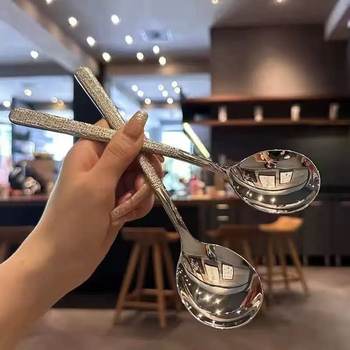 Japanese-Style 304 Hammered Serving Spoon High-Value Household Stainless Steel Spoon Serving Ladle Soup Spoon