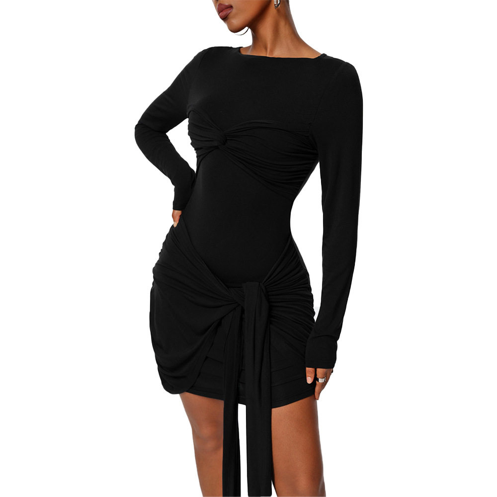 Elegant Womens Dress Unique Design Pleated Waist Defining Slim Fit Autumn Winter Fashion Wholesale Available