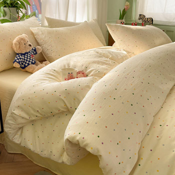 Class A maternal and infant grade ins double-layer yarn four-piece set small floral ultra-soft bed sheet quilt cover three-piece set for student dormitory