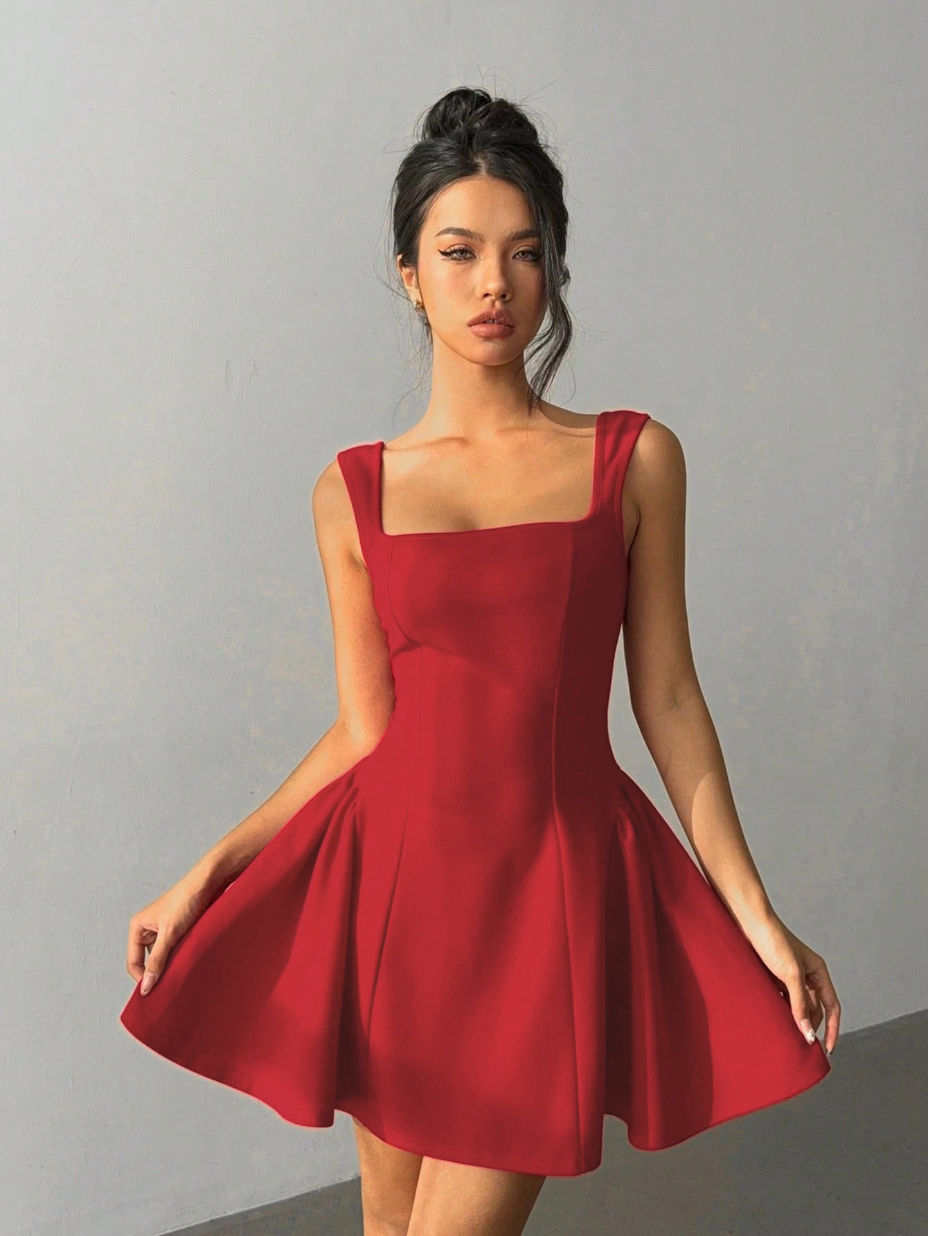 Red A Line Dress Fitted Square Neck Backless Short Hem Spring Summer Fashion Wholesale Available