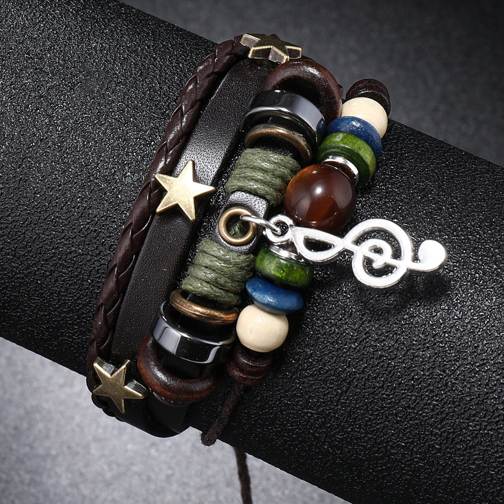 Cross-border New Jewelry Simple Multi-layer Beaded Leather Bracelet Personalized Note Pendant Bracelet Music Festival Accessories