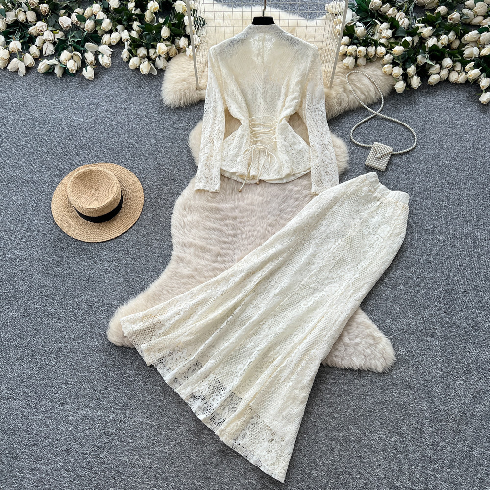 French Style Two Piece Set Beaded V Neck Lace Detail Slim Fit Summer Office Wear for Elegant Women Wholesale