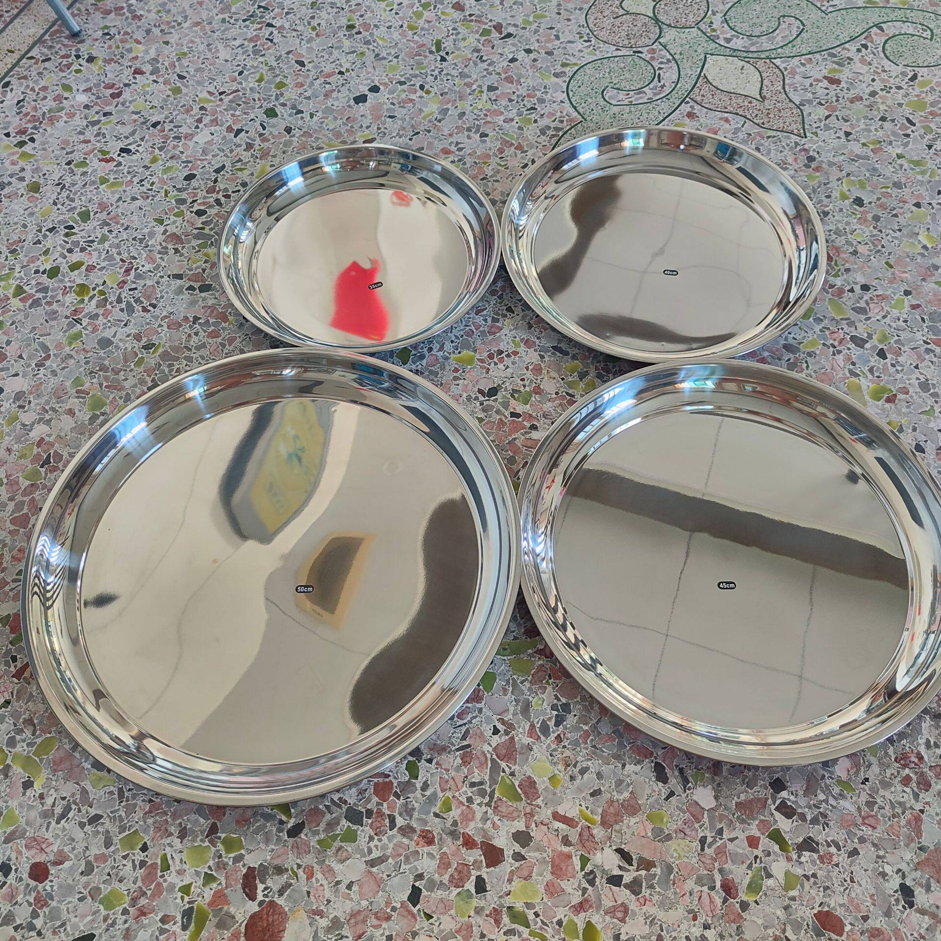 Non-Magnetic Stainless Steel Thai-Style Inch Plate Hotel Restaurant Tray Tea Tray Food Tray Large Round Plate Mirror-Polished Tableware