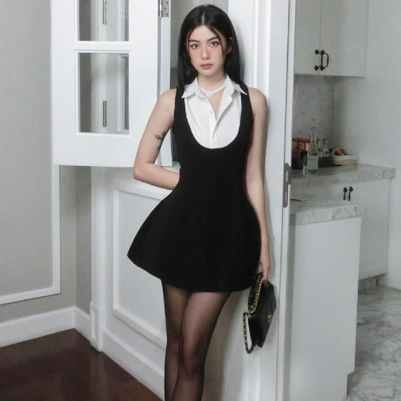 Womens Color Block Sleeveless Dress Sweet Style Collared Design Slim Fit Perfect for Autumn and Winter OEM