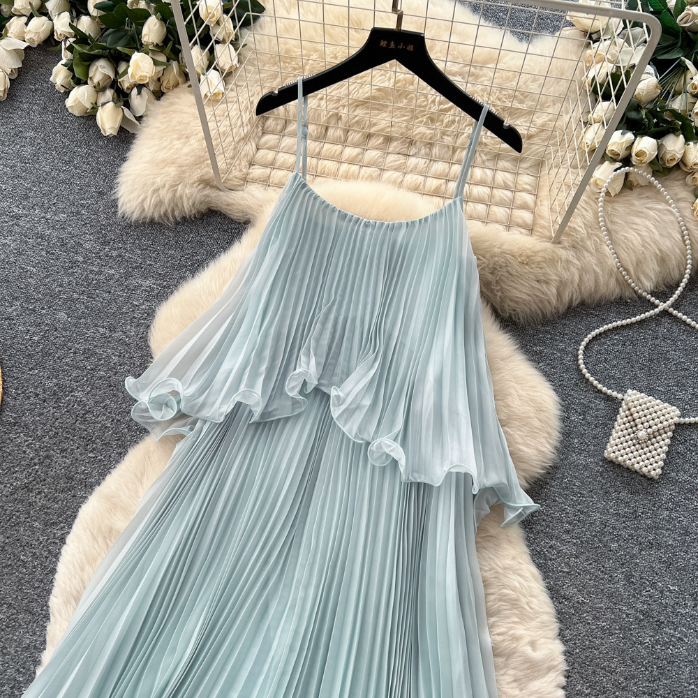 Summer Womens Light Blue Ruffled Hem Sleeveless Maxi Dress High Waist Pleated Flattering Fit Vacation Style