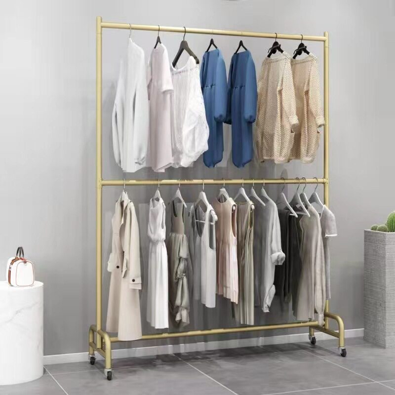 Double-layer clothing store display rack floor-to-ceiling hanging rack adjustable balcony drying rack movable with wheels