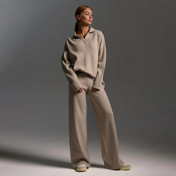 Cross-Border Knitted Suit European and American Autumn and Winter Sweater Suit Polo Collar Knitted Pullover + Wide-Leg Pants Two-Piece Set