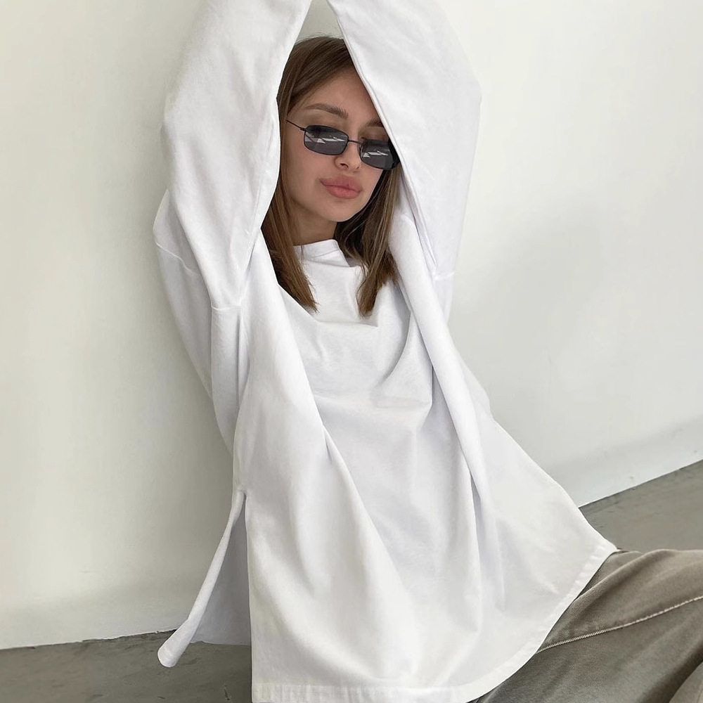 Loose Fit Long Sleeve Split T Shirt for Women 100 Cotton Solid Color Casual Style Spring Summer Collection