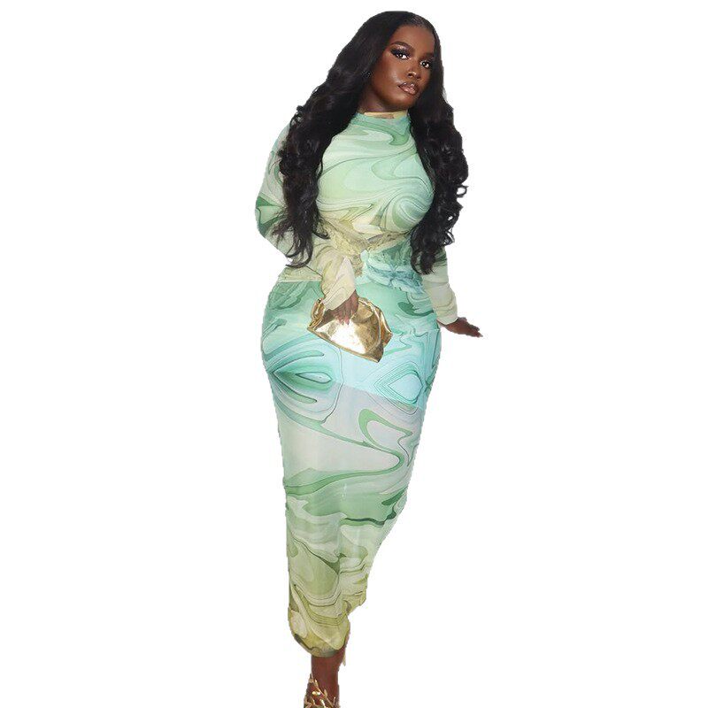 Elegant Womens Long Dress Slim Fit Ruffled High Neck Floral Print Perfect for Office or Casual Occasions