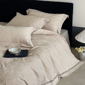 Retro Style Autumn and Winter Cotton Brushed Four-Piece Set Thickeneded Textured Jacquard Pure Cotton Quilt Cover Bedding Beige Pink