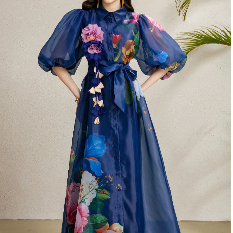 French Elegant Summer Dress Corset Waist 3D Floral Design Lantern Sleeves Printed Tulle Perfect for Garden Parties