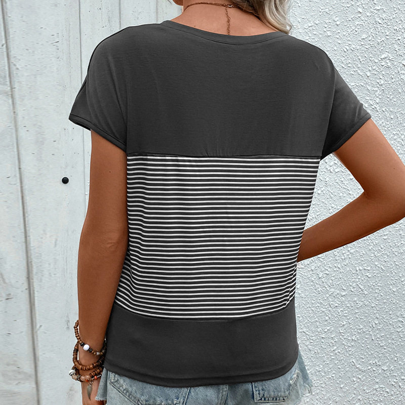 Casual Striped T Shirt V Neck Short Sleeve Summer Style Womens Fashion Top Wholesale Available