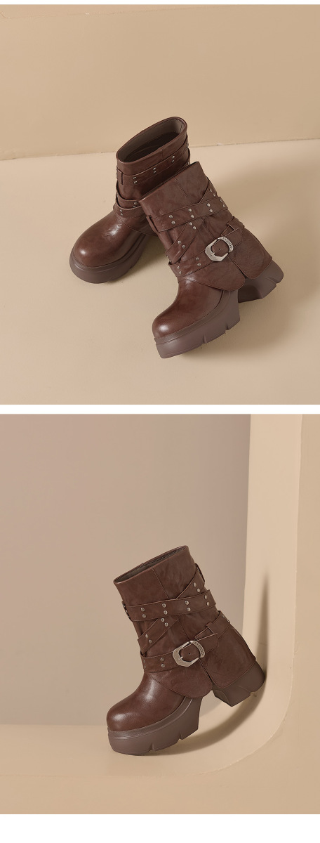 Boot Martin nữ cổ ngắn đế dày khóa thắt lưng gót thô đính đinh tán — Lớp lót đơn màu đen, Lớp lót đơn màu nâu, Lót nhung đen, Lót nhung màu nâu