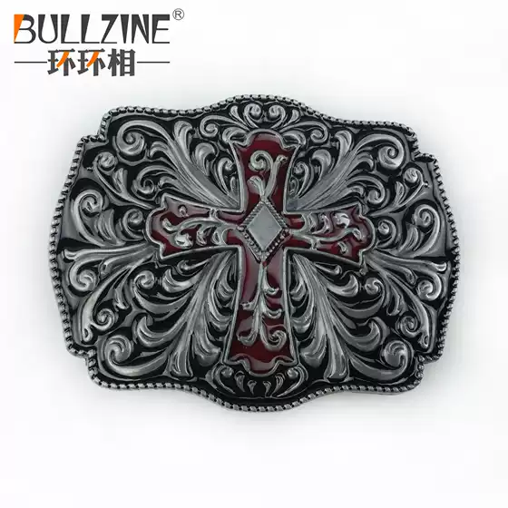BULLZINE Zinc Alloy Red Cross Frame Belt Buckle 02889-1 Casual Western Cowboy Belt Buckle