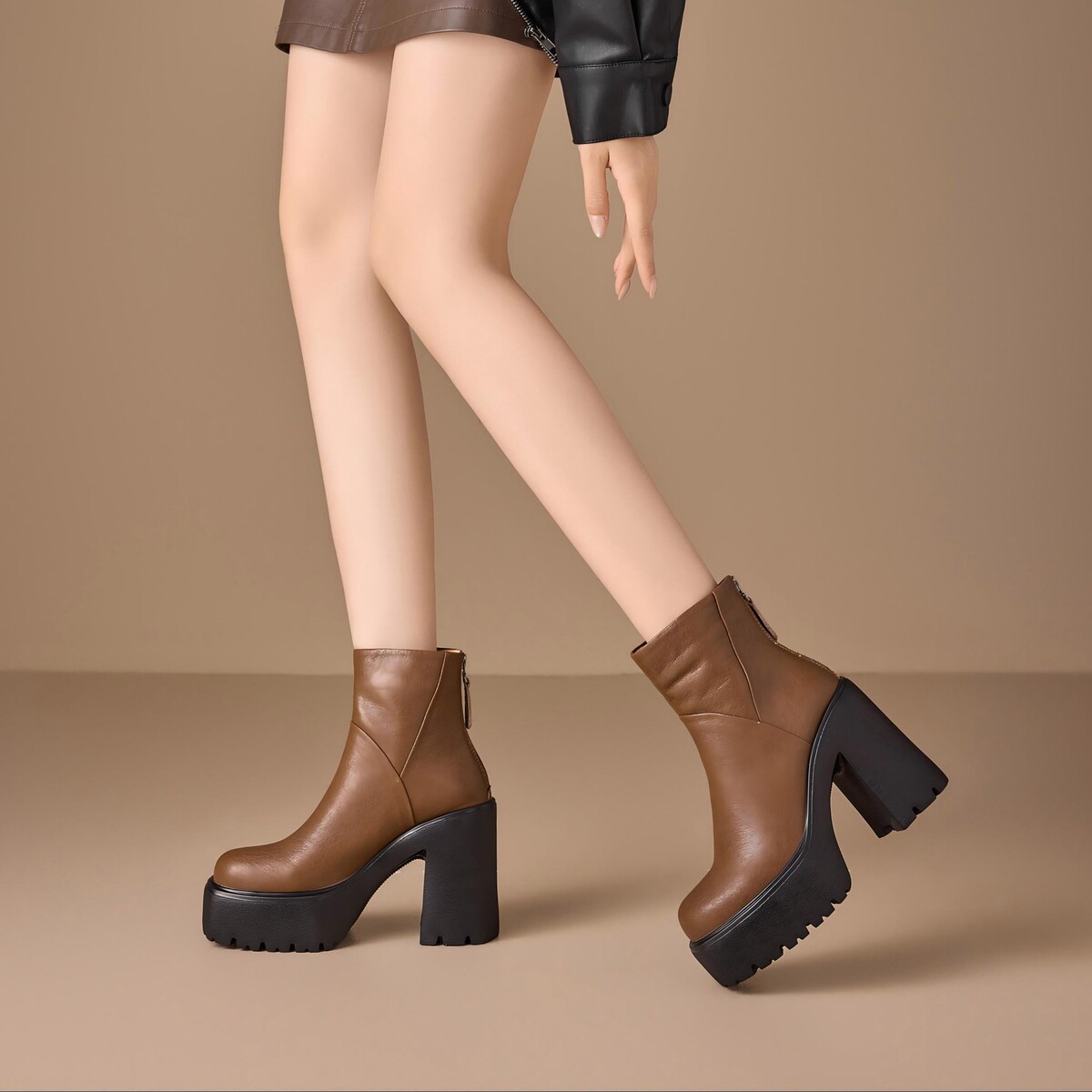 Boot Martin nữ cổ ngắn gót thô 12cm da bò thật đế dày tôn chiều cao, phong cách đi làm — Lớp lót đơn màu đen, Lớp lót đơn màu kaki, Lót nhung đen, Lót nhung màu kaki