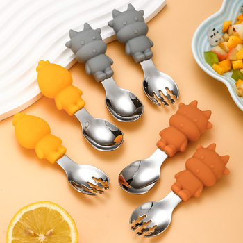 Cross-border new cartoon children's tableware suit baby food supplement training drop-resistant rice silicone stainless steel fork spoon