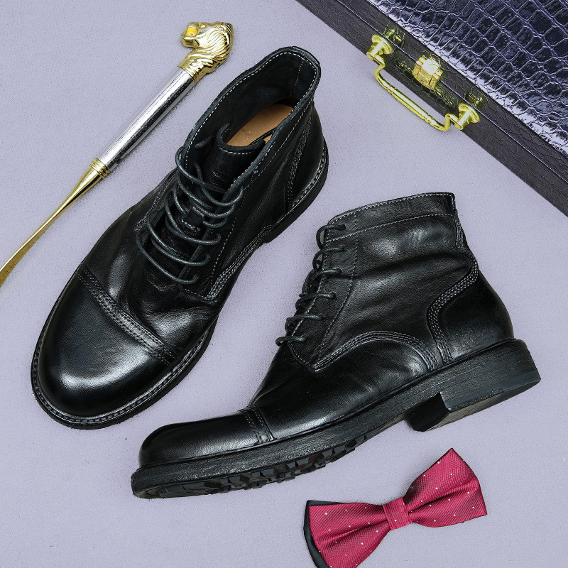 Giày boot nam da ngựa cổ cao mũi tròn đế khâu Goodyear thủ công — Màu đen, Màu cà phê