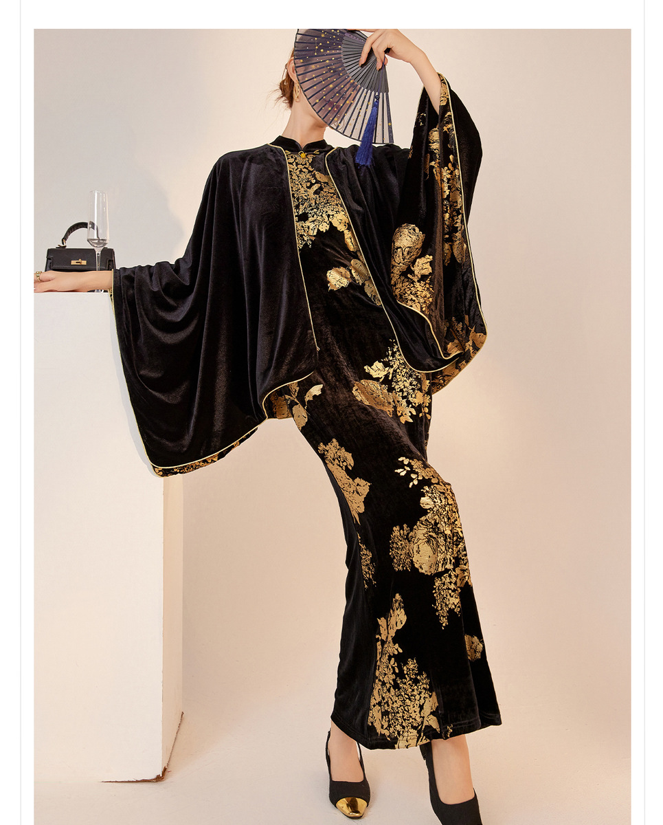 Set áo choàng cape kèm đầm dài thêu hoa họa tiết cây cỏ thanh lịch cho nữ — Váy (giao hàng trong 7 ngày), Áo choàng ngoài (giao hàng trong 7 ngày)