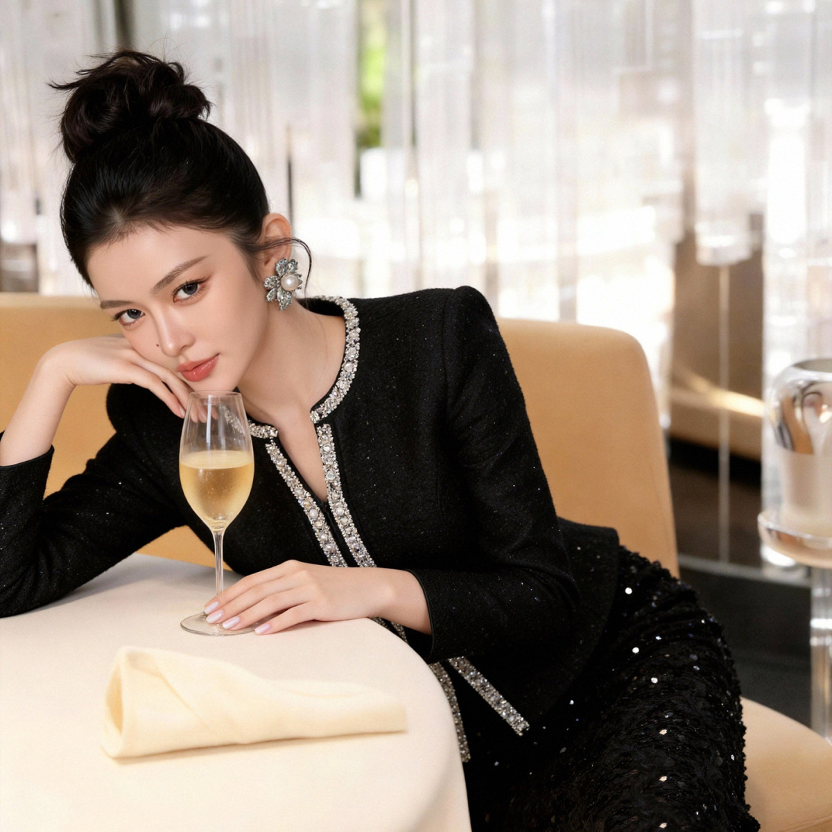 Đầm dạ hội ôm body đính đá phối sequin cổ chữ V dài tay — màu đen