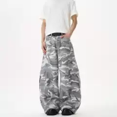 Kisko American High Street Gray and White Camouflage Washed Wide-Leg Scimitar Jeans for Men and Women Trendy Brand Loose Straight Pants