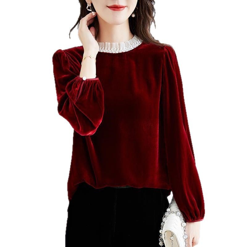 Red Velvet Long Sleeve Top for Women Loose Fit Casual Blouse Autumn Fashion OEM ODM service